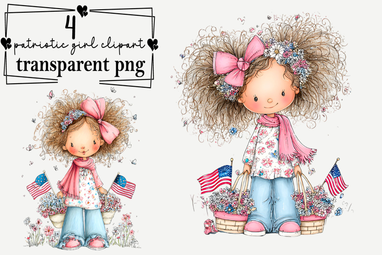 whimsical cute patriotic girl clipart Watercolor PNG example image 1