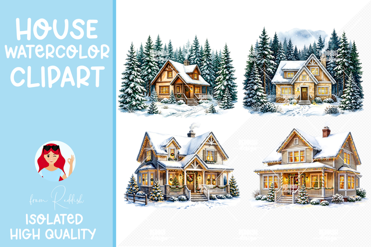 4 Cozy Watercolor House Clipart