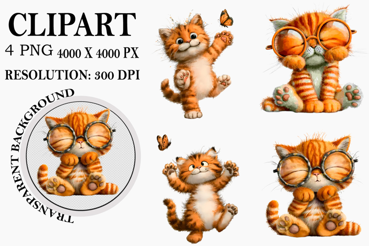 Whimsical Cat Clipart Watercolor PNG