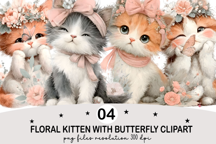 Floral Kitten with Butterfly Clipart Watercolor png