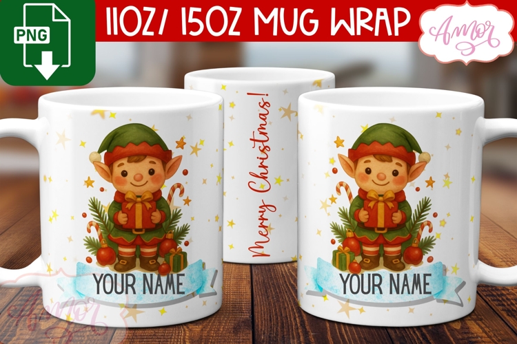 Custom Christmas mug wrap PNG, Christmas elf mug PNG