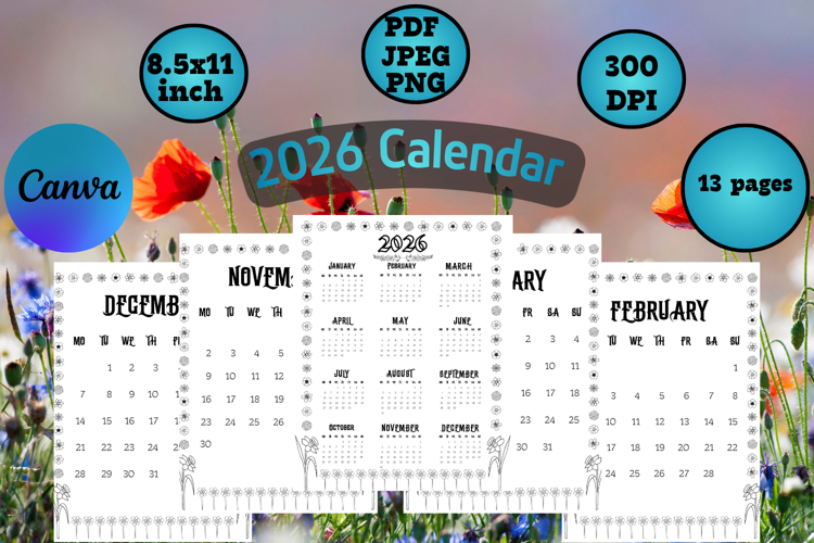 2026 calendar templates with flower frame 2