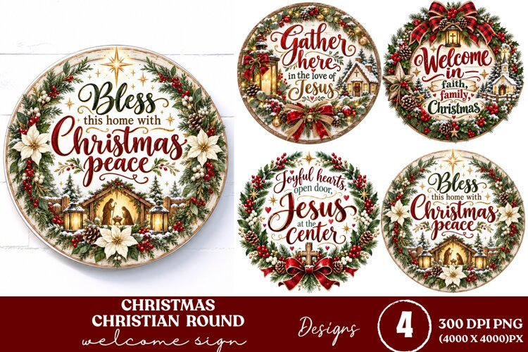 4 Christian Christmas Round Sign PNGs, 4 Jesus Christmas Doo example image 1