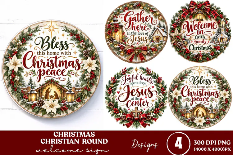4 Christian Christmas Round Sign PNGs, 4 Jesus Christmas Doo