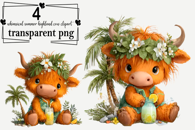Whimsical Summer Highland Cow Clipart Watercolor PNG example image 1
