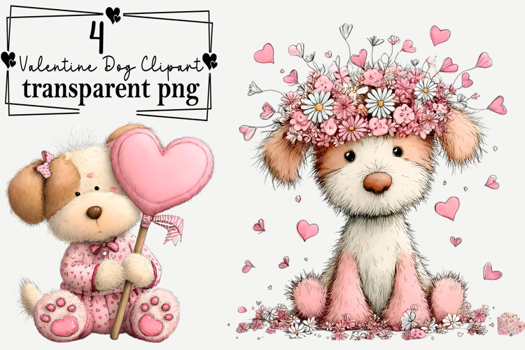Valentine's Day Dog Clipart Watercolor PNG example image 1