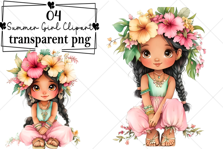 Whimsical Hawaiian Summer Girl Clipart Watercolor PNG