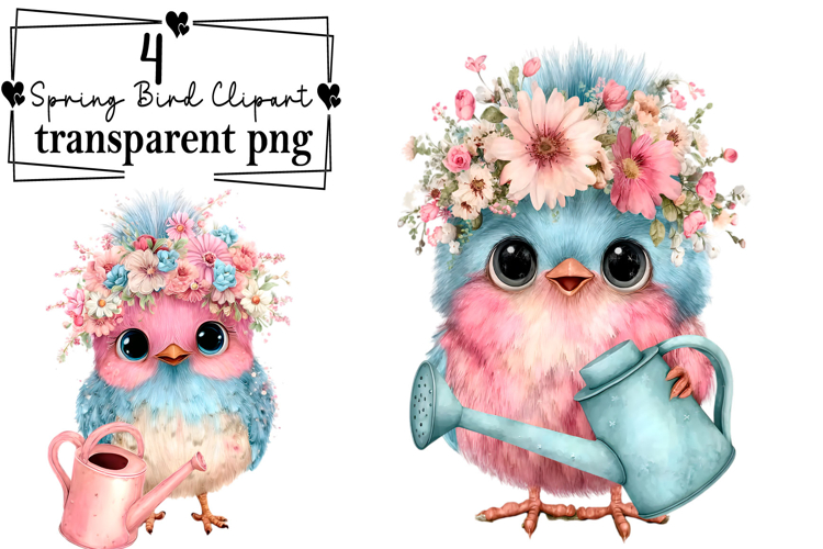 Whimsical Spring Bird Clipart Watercolor PNG example image 1