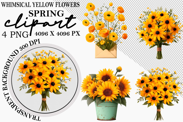 Whimsical Yellow Flowers Spring Clipart PNG