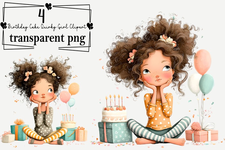 Birthday Cake Quirky Girl Clipart Watercolor PNG