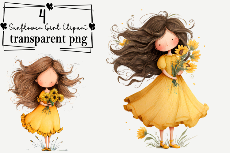 Whimsical Sunflower Girl Clipart Watercolor PNG example image 1