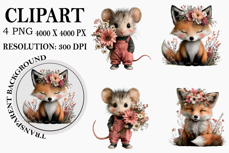 Whimsical Spring Animals Clipart Watercolor PNG