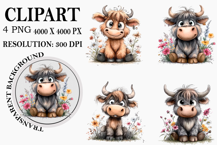 Highland Cow Clipart Watercolor PNG