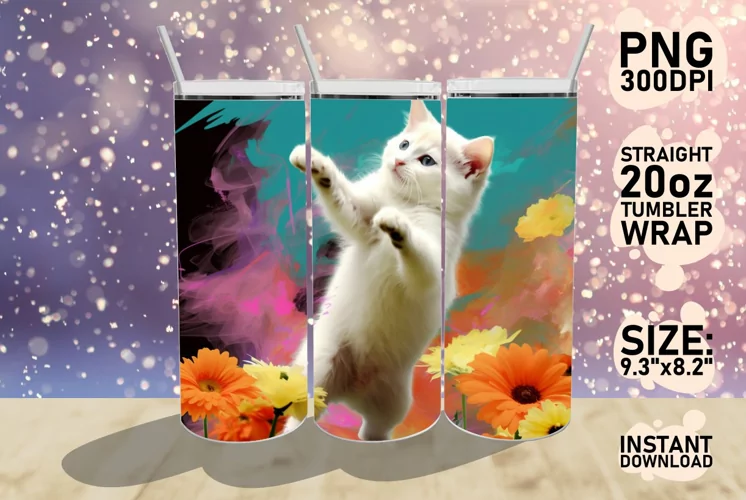 3D Funny Cat Tumbler Wrap Sublimation 20oz, Flower, Kitty