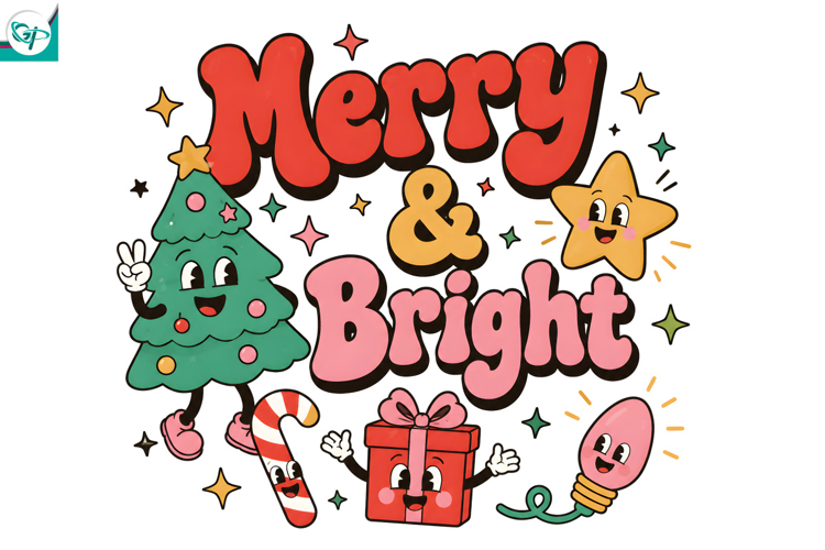 Merry & Bright PNG, Retro Christmas Sublimation, Christmas