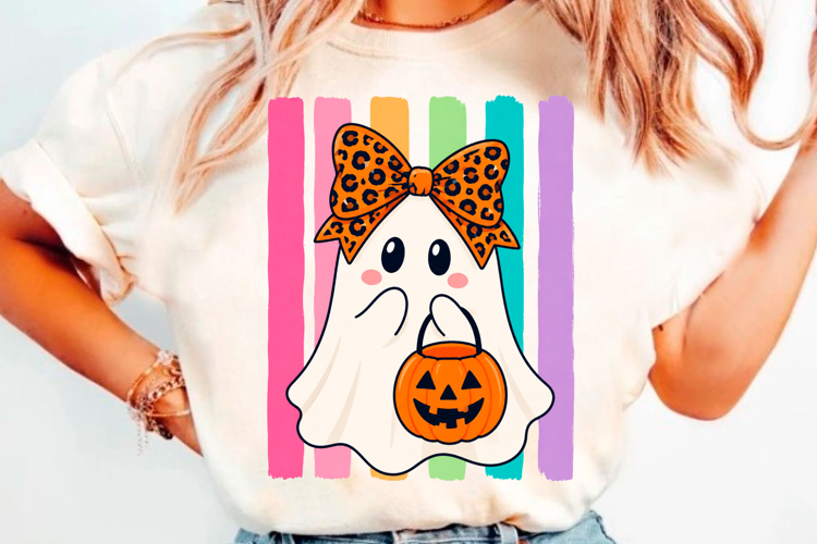 Cute Halloween ghost with pumpkin and leopard bow kids t-shi
