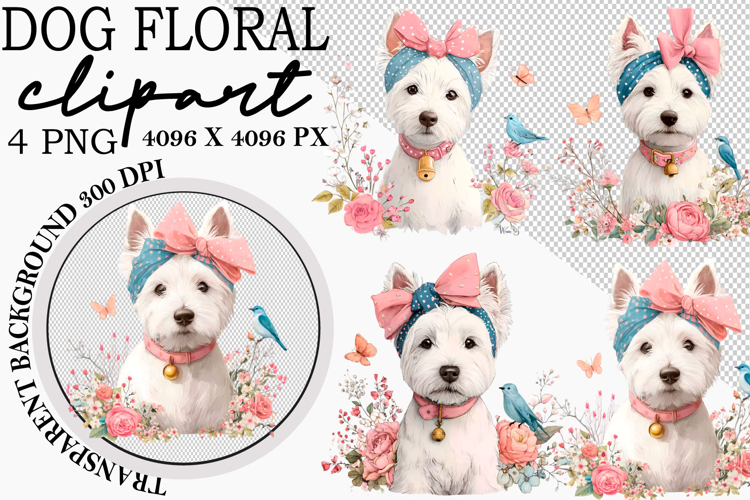 Whimsical Dogs Floral Clipart Spring Png