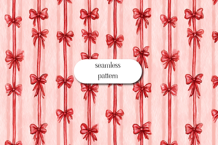 Watercolor Red Ribbon Bow Seamless Pattern on Pink