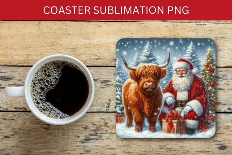 square coaster - santa claus and highland cow