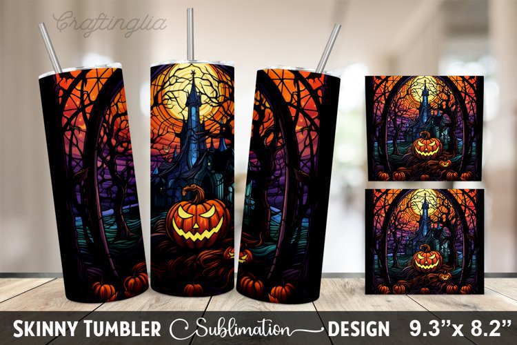 Stained Glass Window With Pumpkins And A House - 20oz Skinny