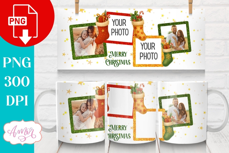 Merry Christmas photo mug wrap PNG, Festive mug template png