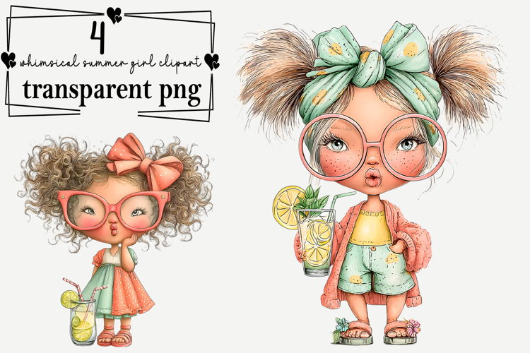 Whimsical summer girl clipart Watercolor PNG example image 1