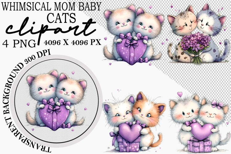 Whimsical Mom Baby Cats Clipart Watercolor Mom Baby Cats