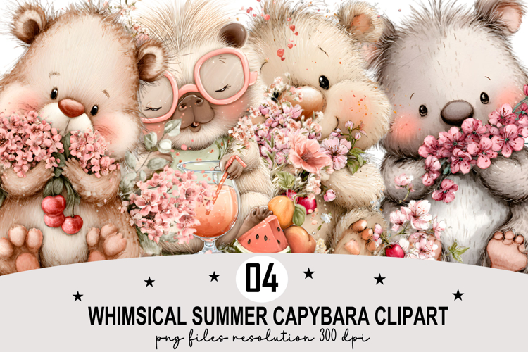 Whimsical Summer Capybara Clipart Watercolor PNG