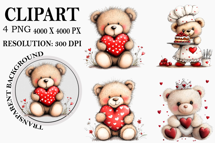 Whimsical Valentine Teddy Bear Clipart Watercolor PNG