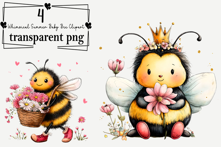 Whimsical Summer Baby Bee Clipart Watercolor PNG example image 1