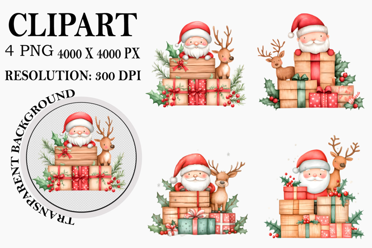 Watercolor Peeking Santa Reindeer Christmas Clipart
