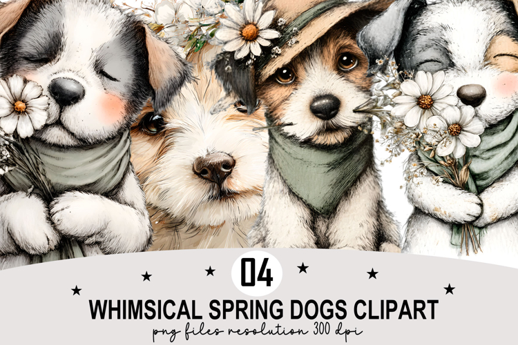 Whimsical Spring Dogs Clipart Watercolor PNG