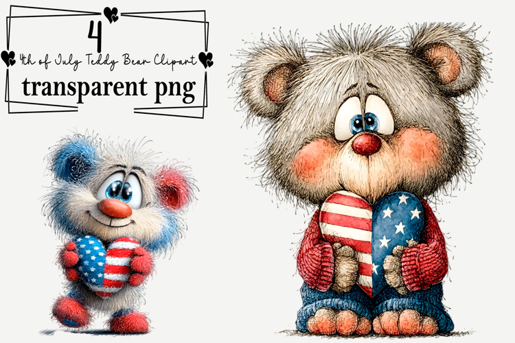 4th of July Teddy Bear Clipart Watercolor PNG