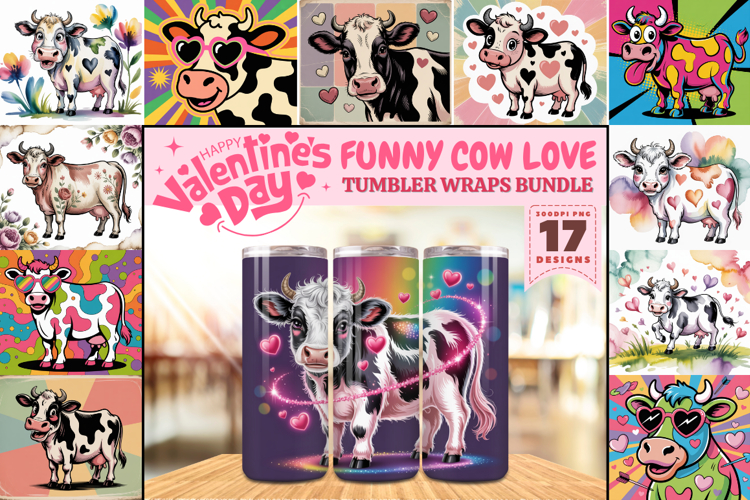 Valentine’s Day Funny Cow Tumbler Wrap PNG Big Bundle Design