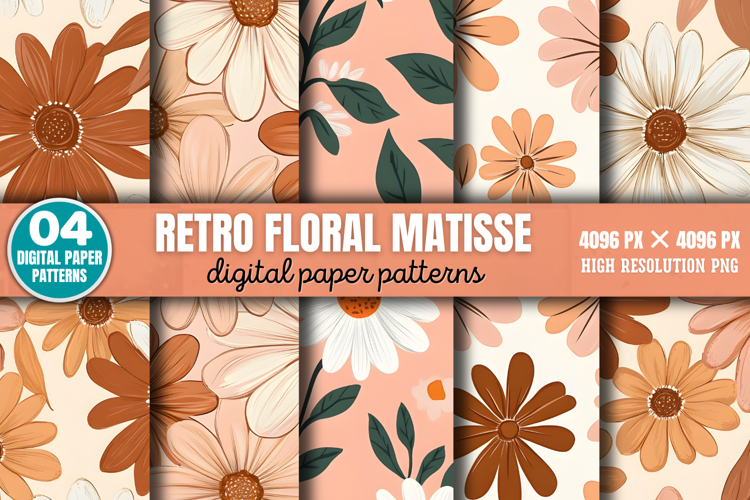 Retro floral matisse pattern Digital Paper Background PNG
