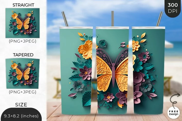 3D Butterfly Tumbler Wrap| 3D Sublimation Wrap Design