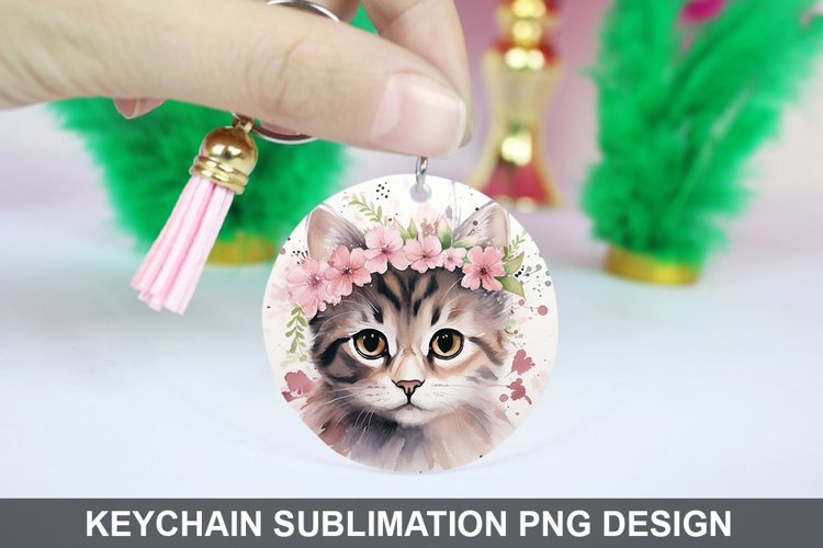 Cat Flowers Keychain Sublimation , Round Keychain PNG