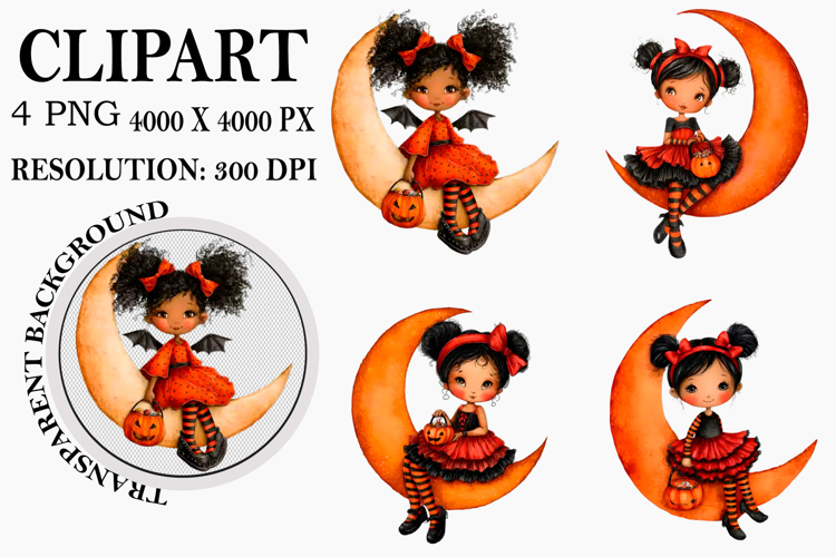 Whimsical Halloween Girl Clipart Watercolor PNG