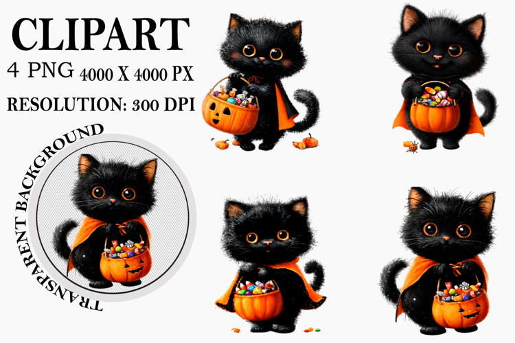 Halloween Black Cat Clipart Watercolor PNG