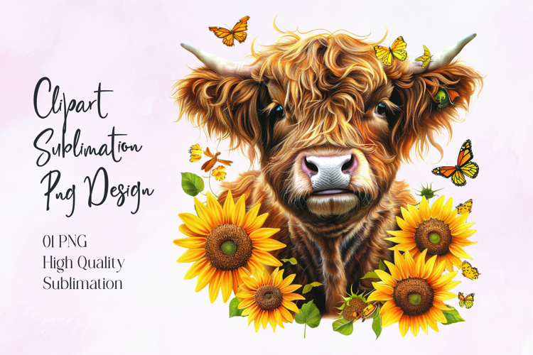 Highland Cow Sunflower Floral Sublimation PNG