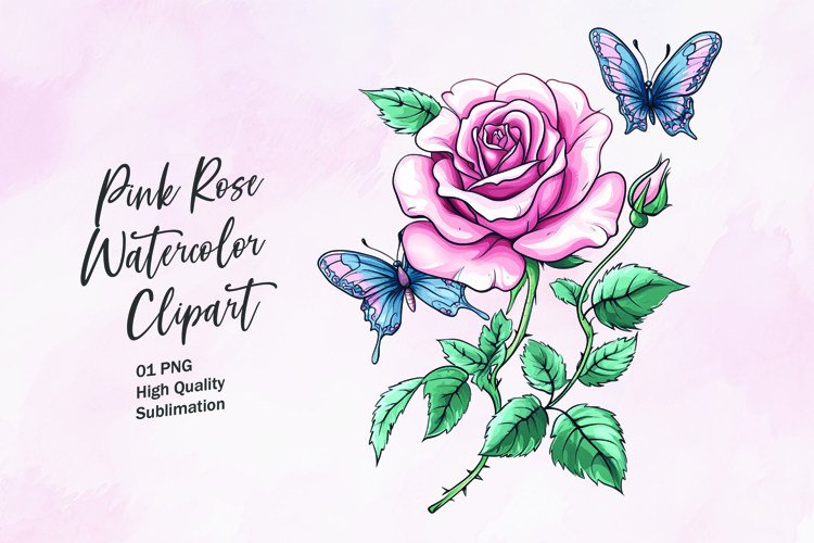 Pink rose with butterfly watercolor clipart sublimation