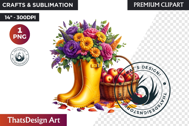 Autumn Floral Rain Boots PNG, Fall Flower in Wellies Clipart
