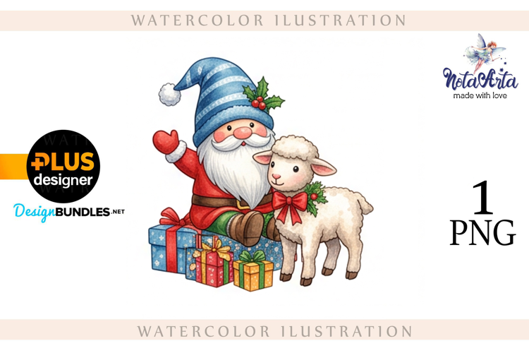 Christmas Gnome Santa with a Sheep in Watercolor Style