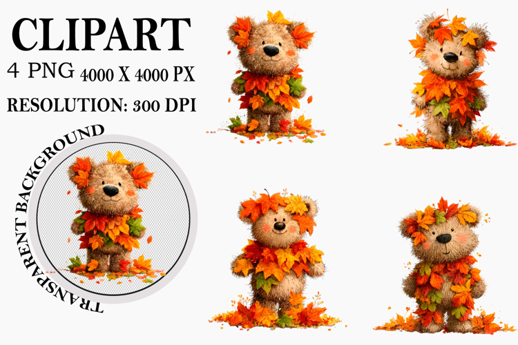 Whimsical Teddy Bear Fall Clipart Watercolor PNG