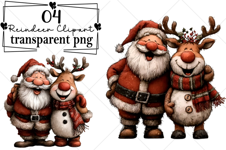 Santa & Reindeer Christmas Clipart Watercolor PNG
