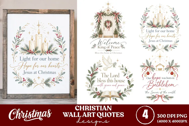 4 Christian Christmas Wall Art PNGs, 4 Bible Verse Christmas