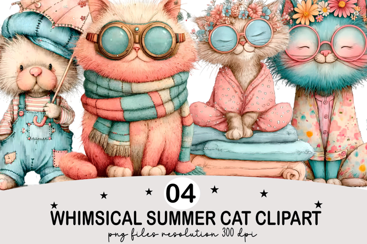 Whimsical Summer Cat Clipart Watercolor png