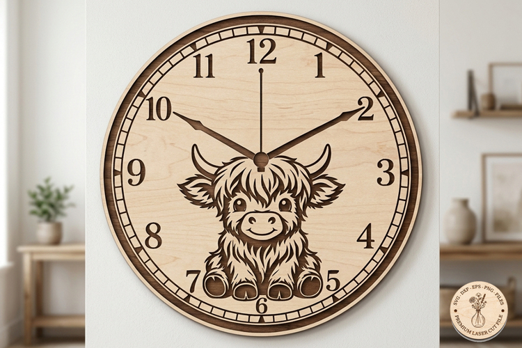 Highland Cow Wall Clock SVG | Laser Cut Clock File