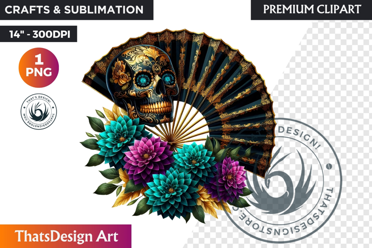 Floral Black Gold Sugar Skull Day of the Dead Clipart PNG