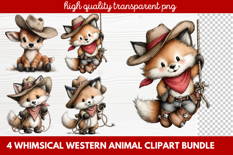 4 Whimsical Western Animal Clipart | Cute Cowboy Animals PNG